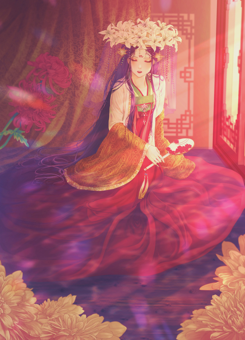 1girl, absurdres, architecture, chinese_clothes, closed_eyes, east_asian_architecture, facial_mark, flower, forehead_mark, hanfu, highres, indoors, lily_(flower), long_hair, original, sitting, solo, spider_lily, user_cmyg5732, very_long_hair