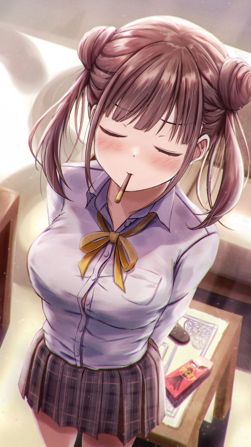 1girl, absurdres, arms_behind_back, blush, breasts, brown_hair, closed_eyes, collared_shirt