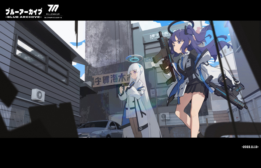 2girls, absurdres, air_conditioner, bangs, belt_pouch, black_skirt, black_suit, blue_archive