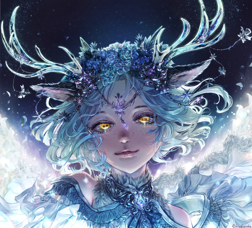 1girl, animal_ears, deer_antlers, deer_ears, deer_girl, flower, grey_hair, hair_flower