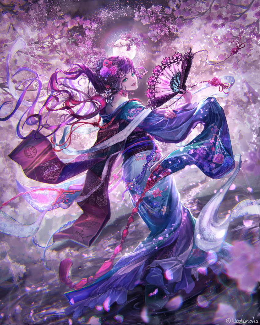 1girl, cherry_blossoms, chromatic_aberration, dancer, flower, full_moon, green_eyes, hair_flower