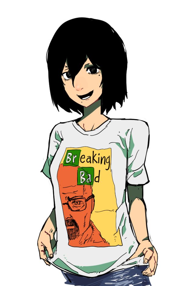 1girl, black_hair, breaking_bad, breasts, fire_punch, hair_between_eyes, holding, holding_clothes