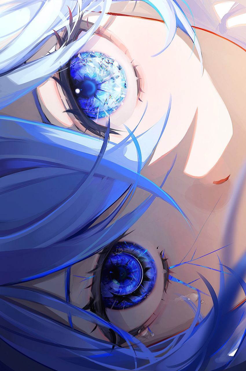 1girl, 58_(opal_00_58), absurdres, bangs, blue_eyes, blue_hair, blurry, blurry_foreground, close-up, covered_mouth, crossed_bangs, english_commentary, exif_rotation, highres, light, light_blush, looking_at_viewer, mismatched_pupils, original, sidelocks, solo, sunlight