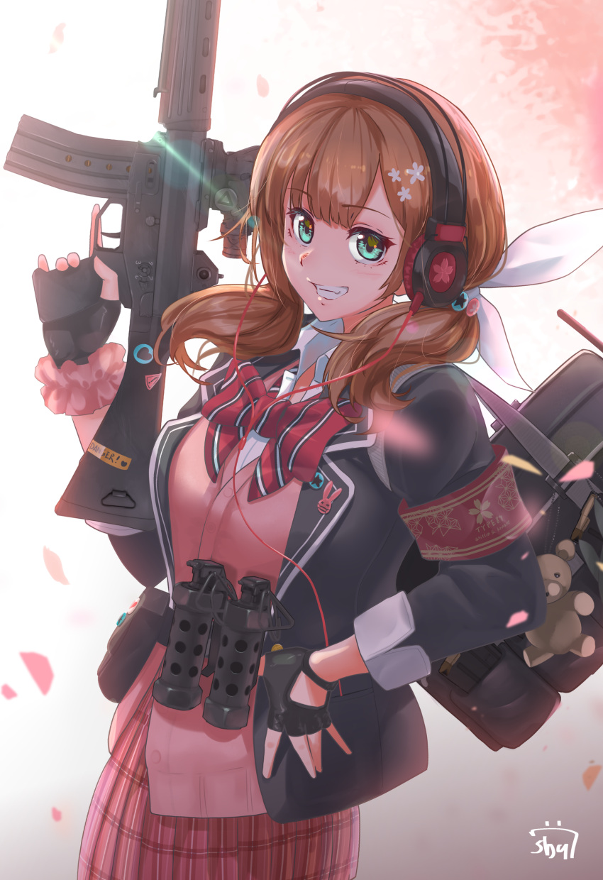 absurdres, assault_rifle, backpack, bag, breasts, explosive, girls_frontline, gloves