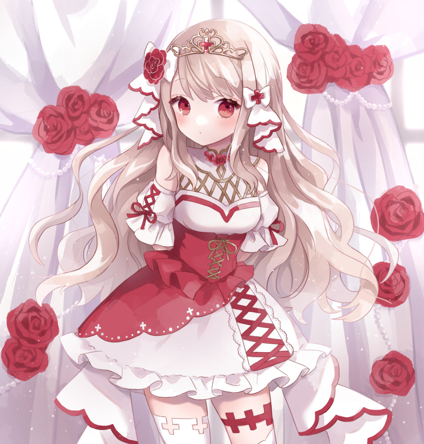 1girl, arms_behind_back, backlighting, bangs, blonde_hair, blush, borrowed_character, closed_mouth