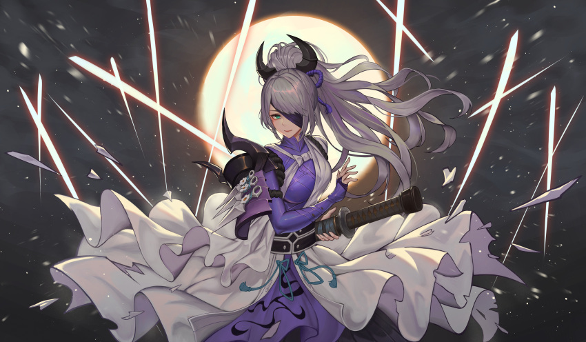 1girl, absurdres, akashic_chronicle, arepko, bangs, breasts, green_eyes, grey_hair, high_ponytail, highres, holding, holding_sword, holding_weapon, katana, kunai, long_hair, looking_at_viewer, medium_breasts, ninja, solo, sword, tokinibara, weapon