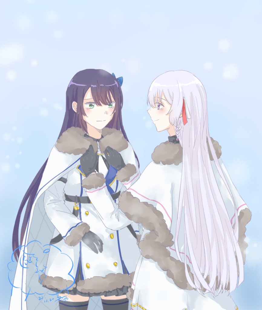 adjusting_another's_clothes, arm_at_side, artist_name, assault_lily, bangs, belt, bing_bushi_ganmao_ling_z, black_belt, black_gloves, black_thighhighs, blue_background, blush, braid, buttons, cape, capelet, closed_mouth, coat, commentary, cowboy_shot, dated, eye_contact, funada_kiito, funada_ui, fur-trimmed_cape, fur-trimmed_capelet, fur-trimmed_coat, fur_trim, gloves, gradient, gradient_background, green_eyes, grey_hair, hair_between_eyes, hair_ribbon, hands_up, long_hair, long_sleeves, looking_at_another, official_alternate_costume, pink_eyes, profile, purple_hair, red_ribbon, ribbon, siblings, side_braid, signature, sisters, smile, snowing, standing, symbol-only_commentary, thigh-highs, very_long_hair, white_cape, white_capelet, white_coat, white_ribbon, winter_clothes, zettai_ryouiki