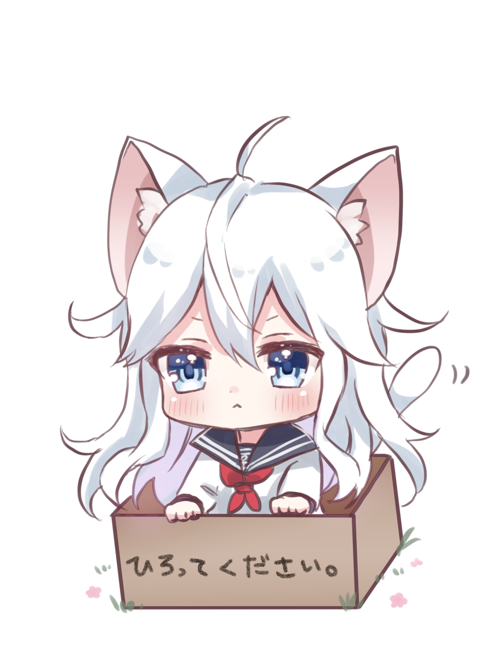 1girl, animal_ears, black_sailor_collar, blue_eyes, blue_hair, box, cardboard_box, cat_ears