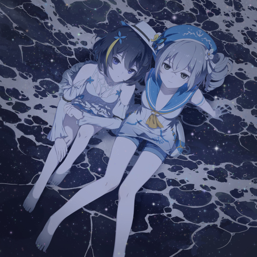 2girls, absurdres, bangs, bare_shoulders, barefoot, beach, beret, blue_eyes, blue_hair, blue_headwear, bronya_zaychik, bronya_zaychik_(valkyrie_chariot), closed_mouth, dress, drill_hair, from_above, grey_eyes, grey_hair, hat, highres, honkai_(series), honkai_impact_3rd, long_sleeves, multiple_girls, neckerchief, rafaelaaa, sailor_collar, seele_vollerei, seele_vollerei_(swallowtail_phantasm), short_hair, sundress, swimsuit, toes, water, waves, white_dress, white_headwear, yellow_neckerchief
