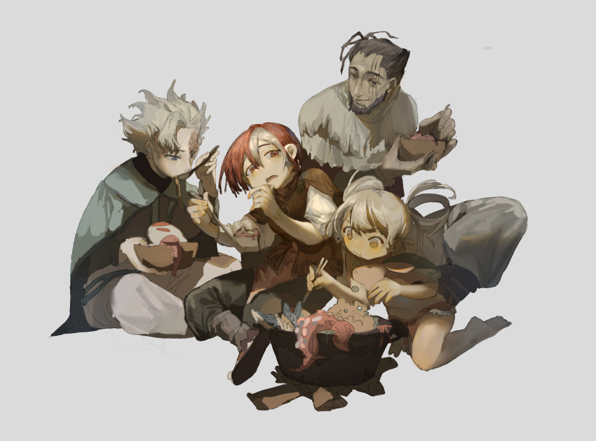 2boys, 2girls, :t, a_qing_o, bangs, barefoot, beard, belafu_(human)