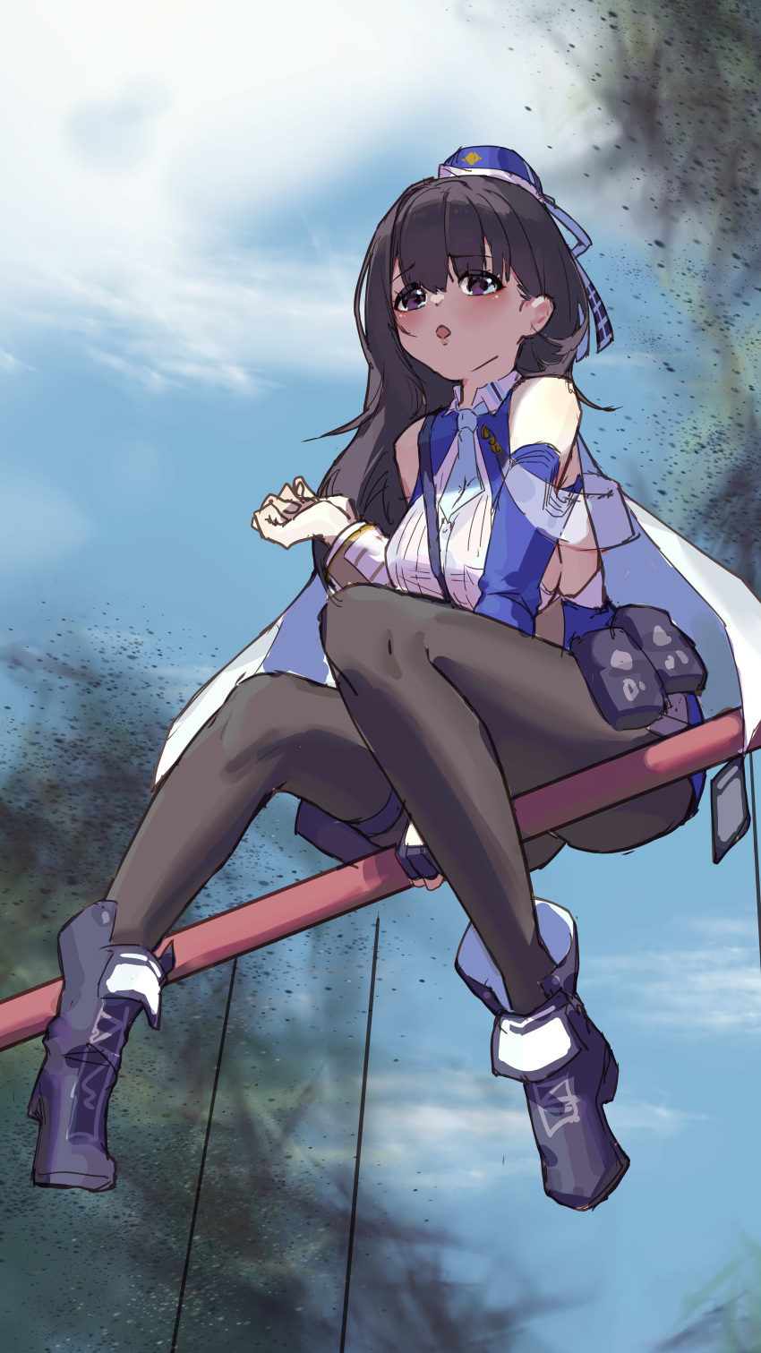 1girl, absurdres, bangs, bare_shoulders, belt, black_pantyhose, blue_sky, breasts