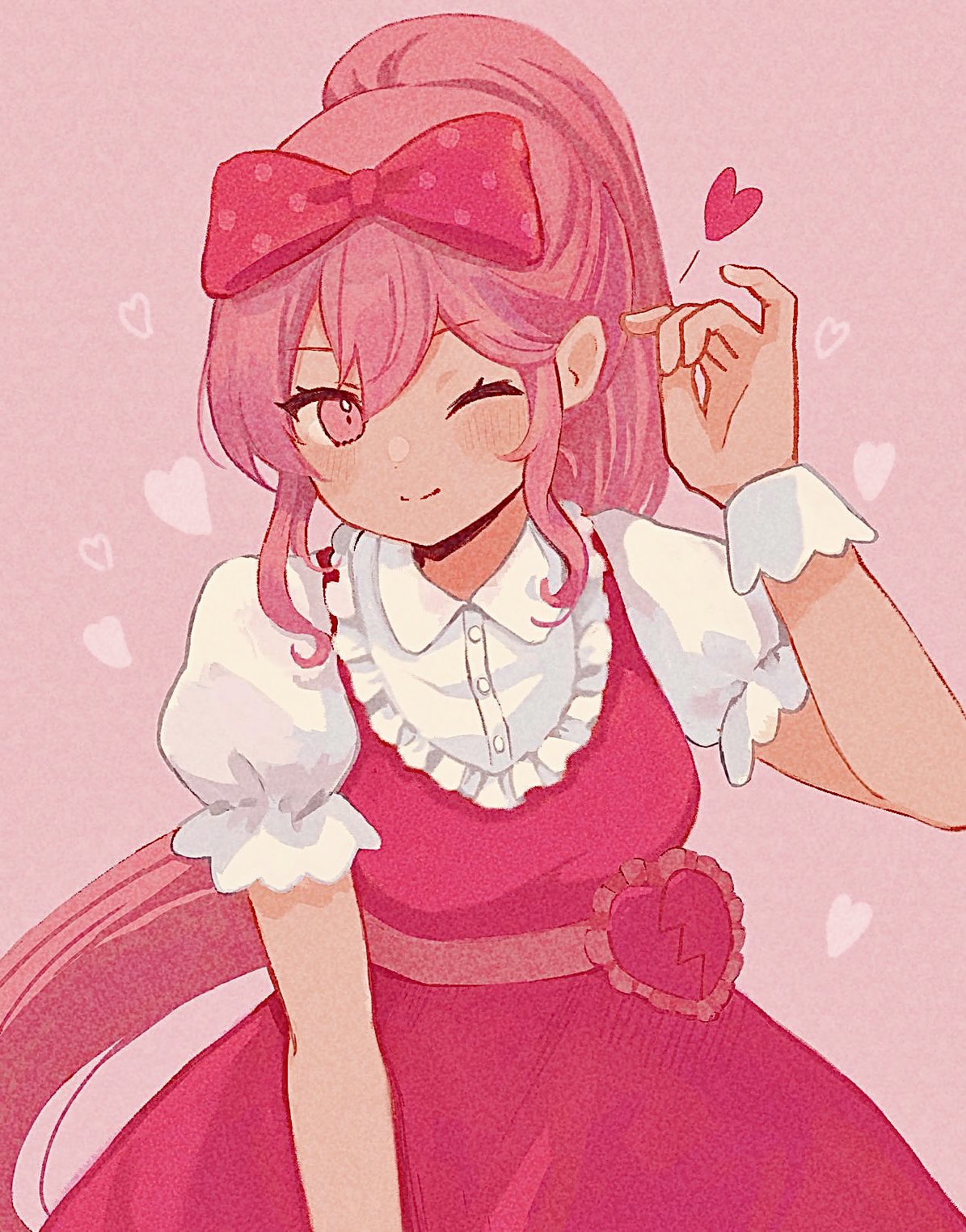 1girl, alternate_hairstyle, blush, bow, cb_ge000, closed_mouth, dark-skinned_female, dark_skin, hair_bow, heart, highres, long_hair, looking_at_viewer, omori, one_eye_closed, pink_bow, pink_eyes, pink_hair, polka_dot, polka_dot_bow, ponytail, puffy_short_sleeves, puffy_sleeves, short_sleeves, smile, solo, sweetheart_(omori)