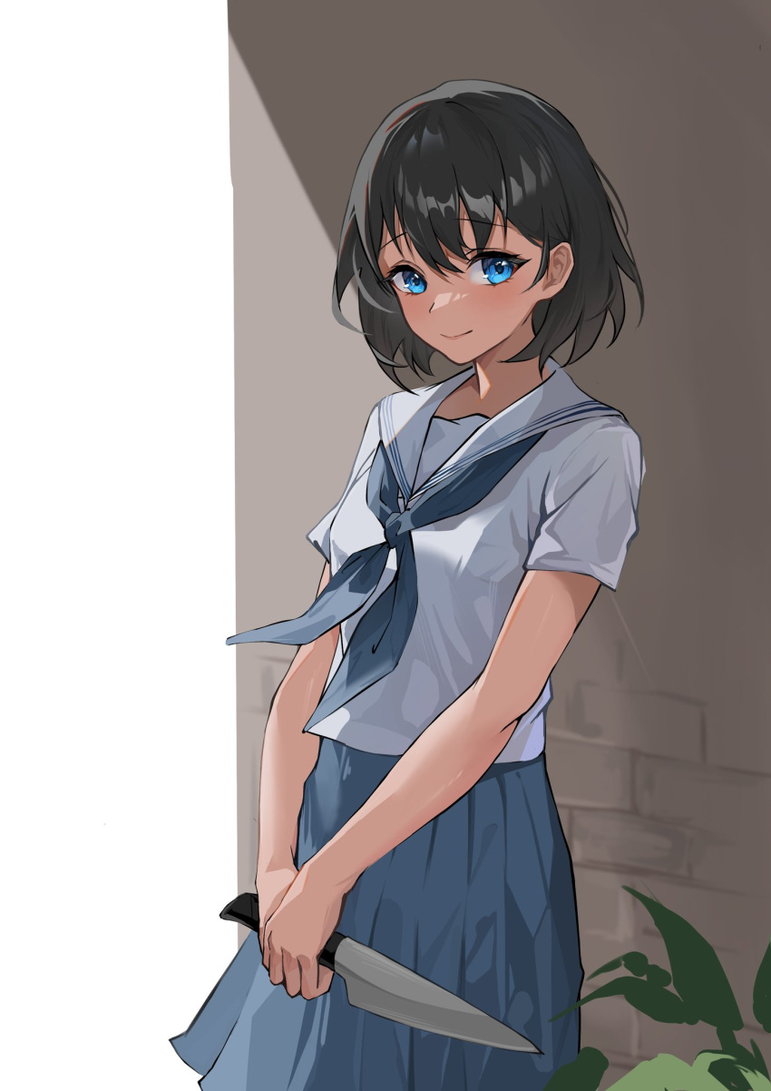 1girl, black_hair, blue_eyes, blue_neckerchief, blue_skirt, closed_mouth, highres, holding, holding_knife, knife, kofune_mio, looking_at_viewer, medium_hair, neckerchief, paradox_(parapa), pleated_skirt, sailor_collar, school_uniform, serafuku, shadow_(summertime_render), shirt, short_sleeves, skirt, smile, solo, standing, summertime_render, white_sailor_collar, white_shirt
