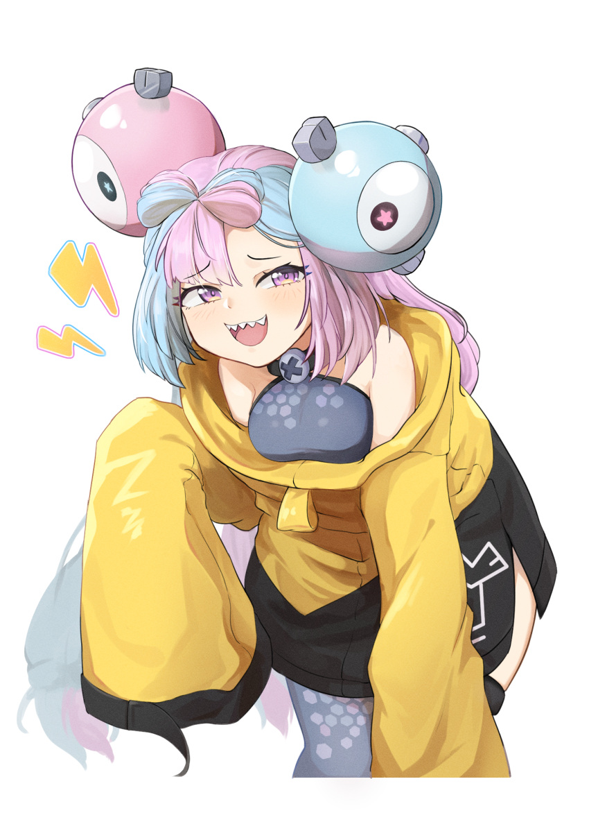 1girl, bow-shaped_hair, character_hair_ornament, hair_ornament, hexagon_print, highres, iono_(pokemon), jacket, long_hair, low-tied_long_hair, multicolored_hair, oversized_clothes, peiyuan_yuuya, pokemon, pokemon_(game), pokemon_sv, sharp_teeth, single_leg_pantyhose, sleeves_past_fingers, sleeves_past_wrists, solo, split-color_hair, teeth, x, yellow_jacket