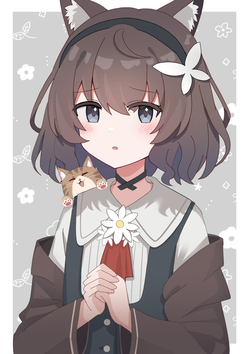 1girl, animal_ears, animal_on_shoulder, black_vest, borrowed_character, brown_coat, brown_hair, cat