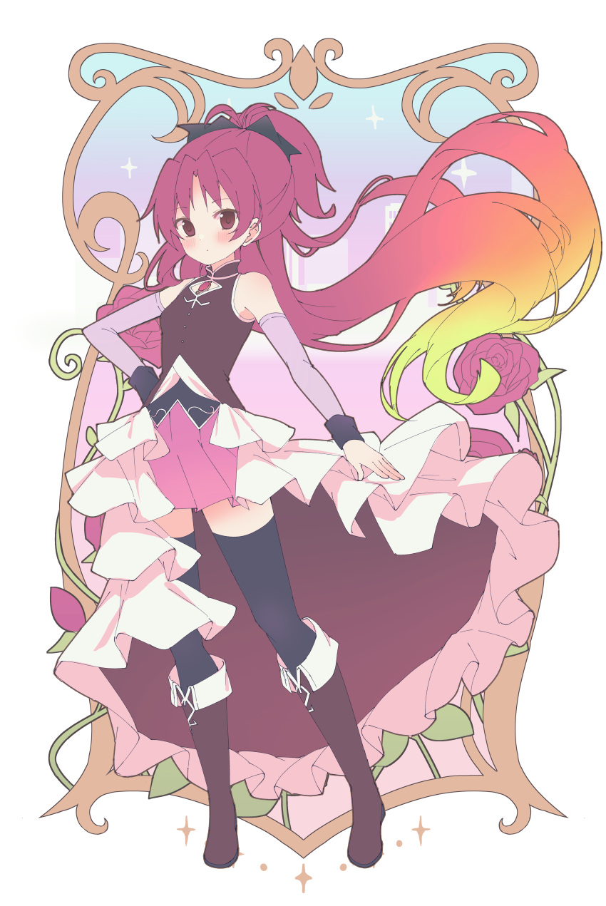 1girl, absurdres, bare_shoulders, black_ribbon, black_thighhighs, blonde_hair, blush, boots, border, cityscape, closed_mouth, commentary_request, detached_sleeves, dress, flower, framed, frilled_dress, frills, full_body, gradient_hair, hair_ribbon, hand_on_hip, high_collar, highres, knee_boots, long_hair, looking_at_viewer, magical_girl, mahou_shoujo_madoka_magica, multicolored_hair, ponytail, red_dress, red_eyes, red_flower, red_footwear, red_rose, redhead, ribbon, rose, ruru_(rurumagi), sakura_kyouko, solo, soul_gem, sparkle, sparkle_background, thigh-highs, white_border, zettai_ryouiki