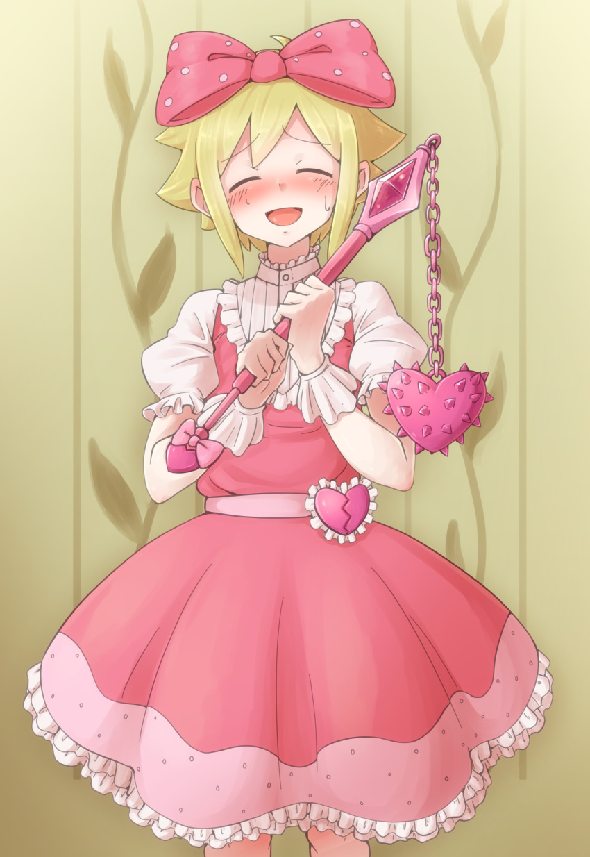 1boy, absurdres, basil_(omori), blonde_hair, blush, bow, closed_eyes, cosplay
