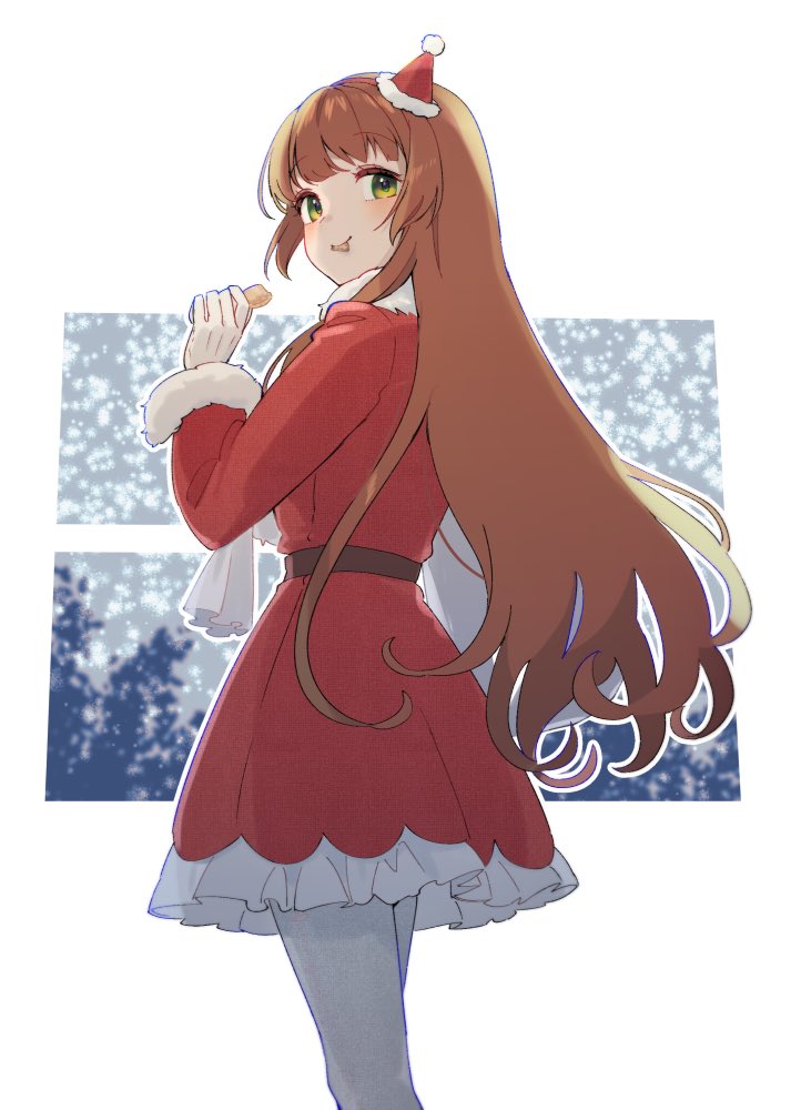 1girl, alternate_costume, bangs, blunt_bangs, brown_hair, dress, eating, feet_out_of_frame