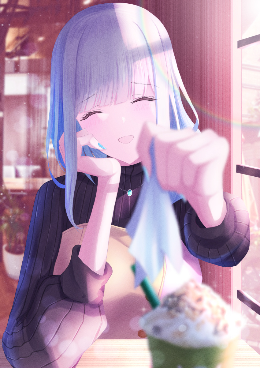 1girl, absurdres, bangs, black_sweater, blue_nails, blunt_bangs, blush, cafe, closed_eyes, feeding, haru_(haru83380282), highres, indoors, jewelry, light_rays, lize_helesta, long_hair, long_sleeves, multicolored_hair, necklace, nijisanji, smile, straight_hair, sunbeam, sunlight, sweater, two-tone_hair, virtual_youtuber