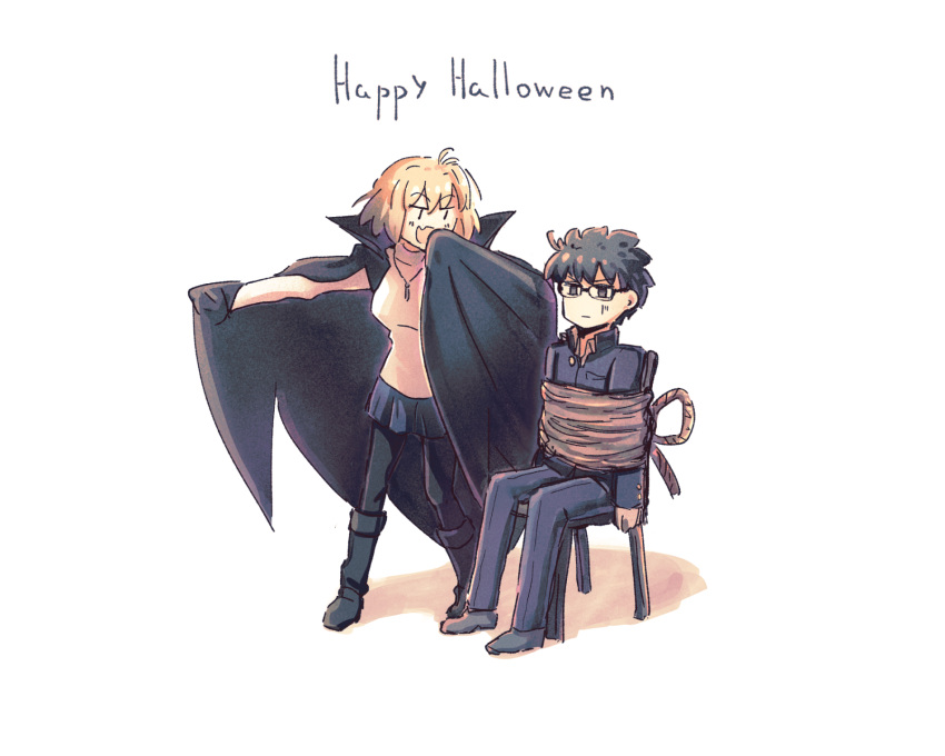1boy, 1girl, :d, :i, arcueid_brunestud, black_eyes, black_footwear, black_hair, black_leggings, black_skirt, blonde_hair, blush, boots, bound, bound_torso, cape, chair, english_text, fang, glasses, hidariyana, highres, jewelry, leggings, necklace, open_mouth, rope, school_uniform, shadow, shirt, skirt, smile, tohno_shiki, vampire, white_shirt