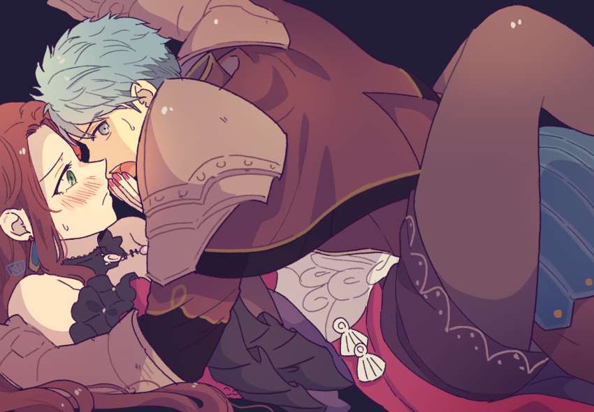 1boy, 1girl, armor, black_background, black_choker, black_pantyhose, blue_hair, blush