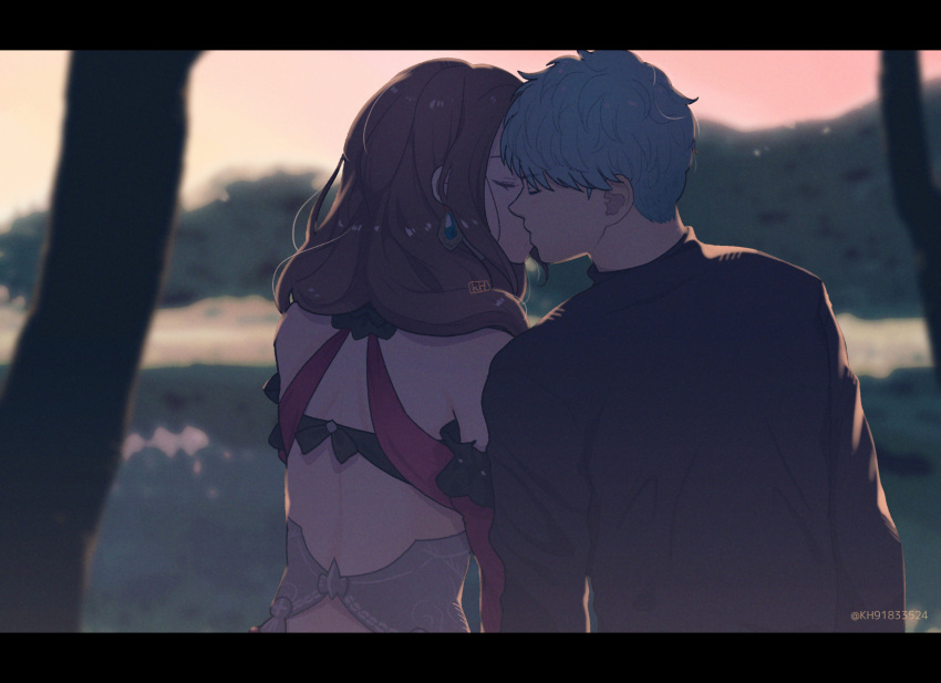 1boy, 1girl, black_border, black_shirt, blue_hair, blurry, blurry_background, border