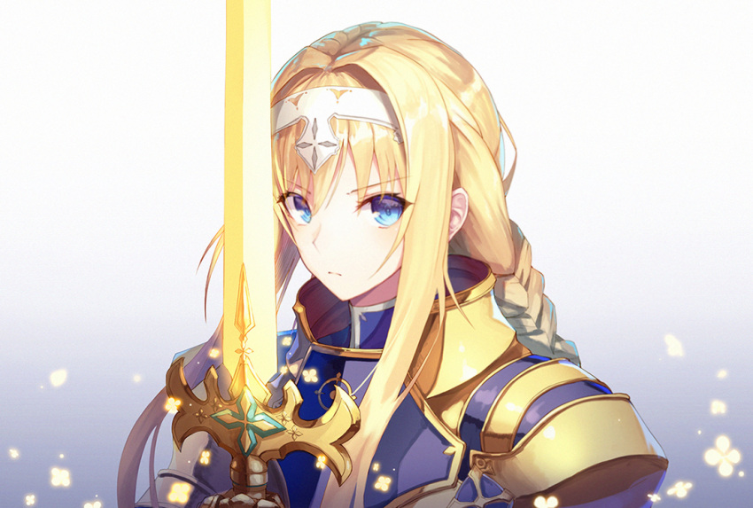 1girl, alice_zuberg, bangs, blonde_hair, blue_eyes, braid, braided_ponytail, closed_mouth