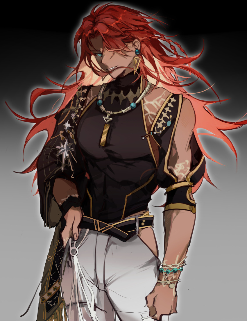 1boy, absurdres, aqua_eyes, bangs, bare_shoulders, belt, black_belt, black_shirt
