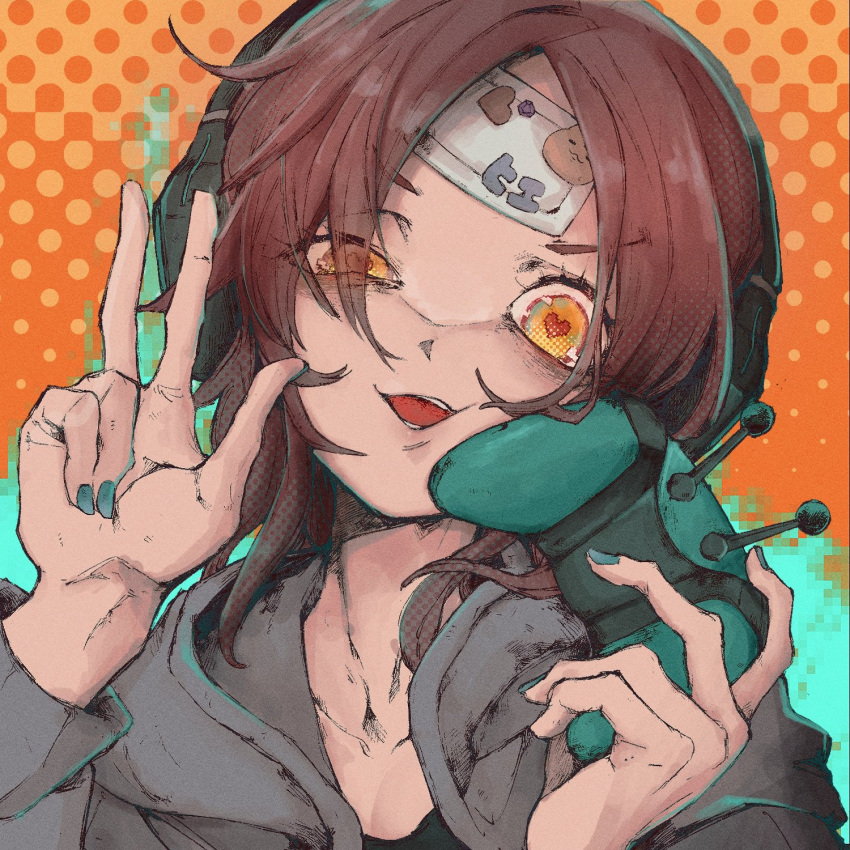 bandages, brown_hair, controller, gradient, gradient_background, green_background, green_nails, grey_hoodie