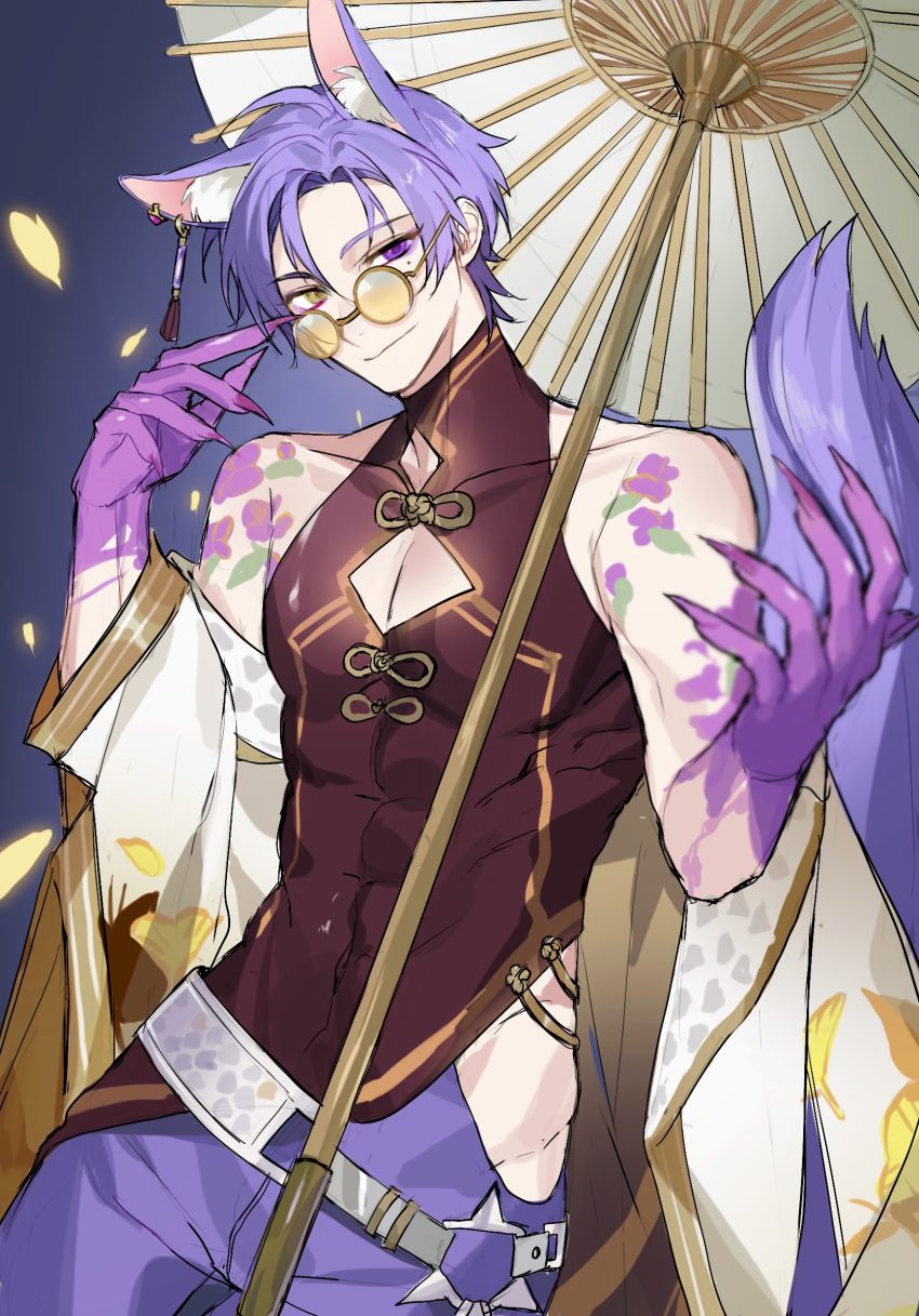 1boy, abs, adjusting_eyewear, animal_ears, arm_tattoo, bangs, bare_shoulders, black_shirt