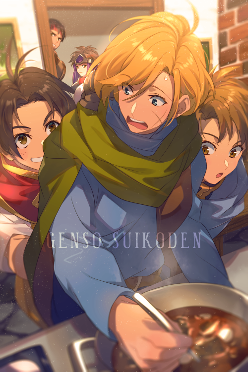 1girl, 4boys, cleo_(suikoden), closed_mouth, echo_(circa), gensou_suikoden, gensou_suikoden_i, multiple_boys