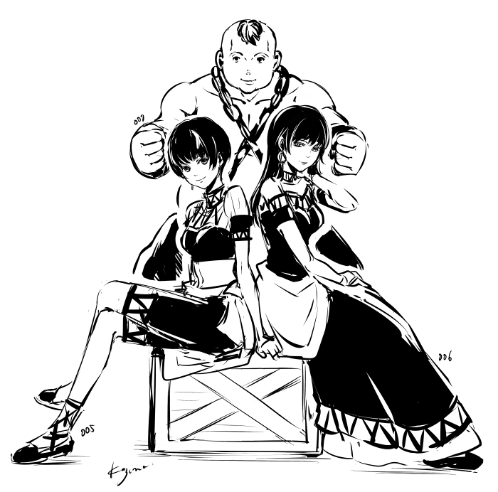 black_hair, bolgan_(suikoden), crossed_legs, dress, earrings, eilie_(gensou_suikoden), gensou_suikoden, gensou_suikoden_ii, greyscale, jewelry, kazunoco, long_dress, long_hair, monochrome, rina_(suikoden), short_hair, sitting, topless_male