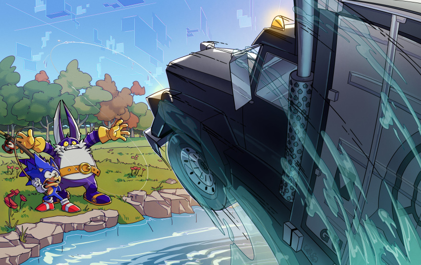 2boys, absurdres, big_the_cat, catrage_miau, fishing, fishing_rod, ground_vehicle, highres