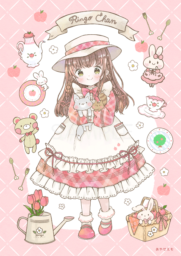 1girl, animal, apple, apron, argyle, argyle_background, artist_name, basket, bow, braid, brown_eyes, brown_hair, clock, cup, dress, emo_(mikan), flower, food, fork, fox, frilled_apron, frills, fruit, hat, hat_ribbon, heart, leaf, leaning_on_object, light_blush, long_dress, long_hair, long_sleeves, merchandise, original, picnic_basket, pinafore_dress, pink_background, pink_bow, pink_dress, pink_flower, pink_footwear, pink_ribbon, pink_theme, pink_tulip, plaid, plaid_dress, plant, plate, pocket, rabbit, ribbon, saucer, silver_fox_(animal), smile, socks, spoon, squirrel, stuffed_animal, stuffed_bunny, stuffed_toy, tablecloth, tea_set, teacup, teapot, teddy_bear, tree, twin_braids, two-tone_background, two-tone_dress, watering_can, white_apron, white_background, white_dress, white_flower, white_headwear, white_socks