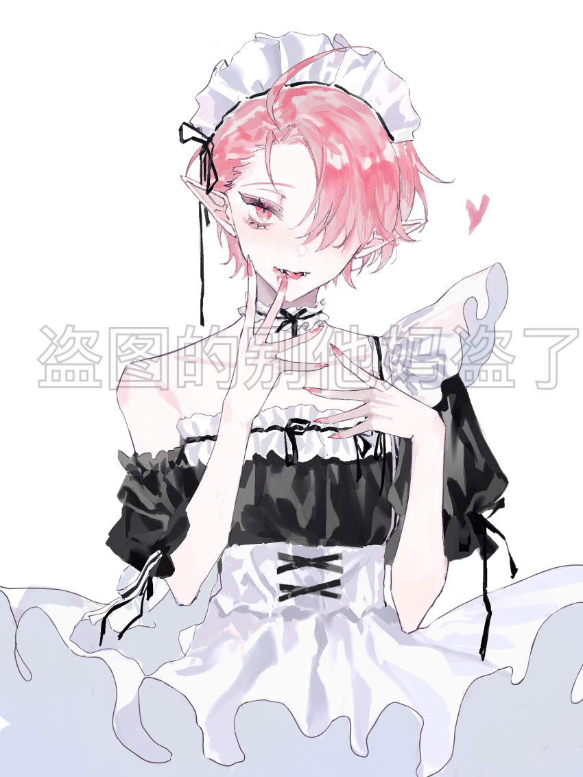 1boy, ahoge, androgynous, apron, aster_(nu_carnival), asymmetrical_bangs, bangs, black_dress