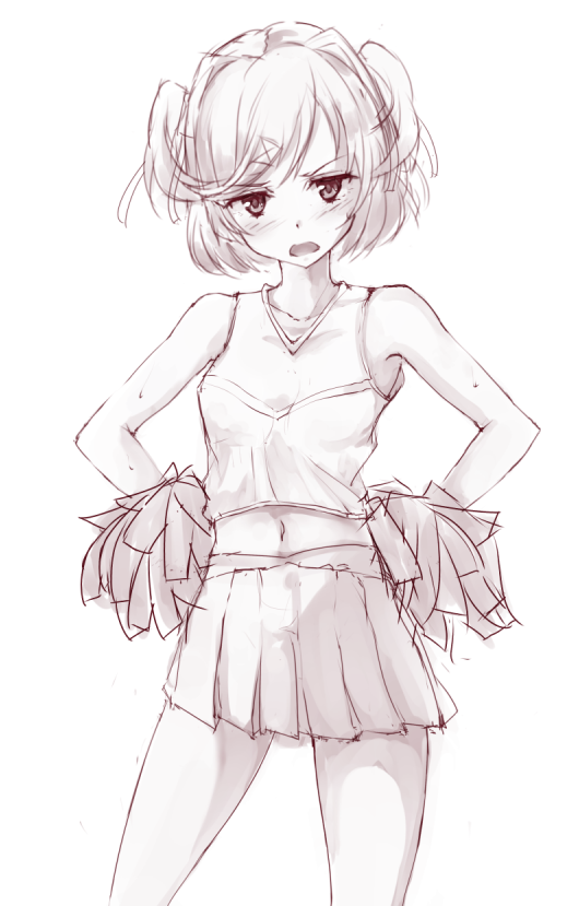 1girl, cheerleader, crop_top, doki_doki_literature_club, greyscale, hair_ornament, hairclip, looking_at_viewer