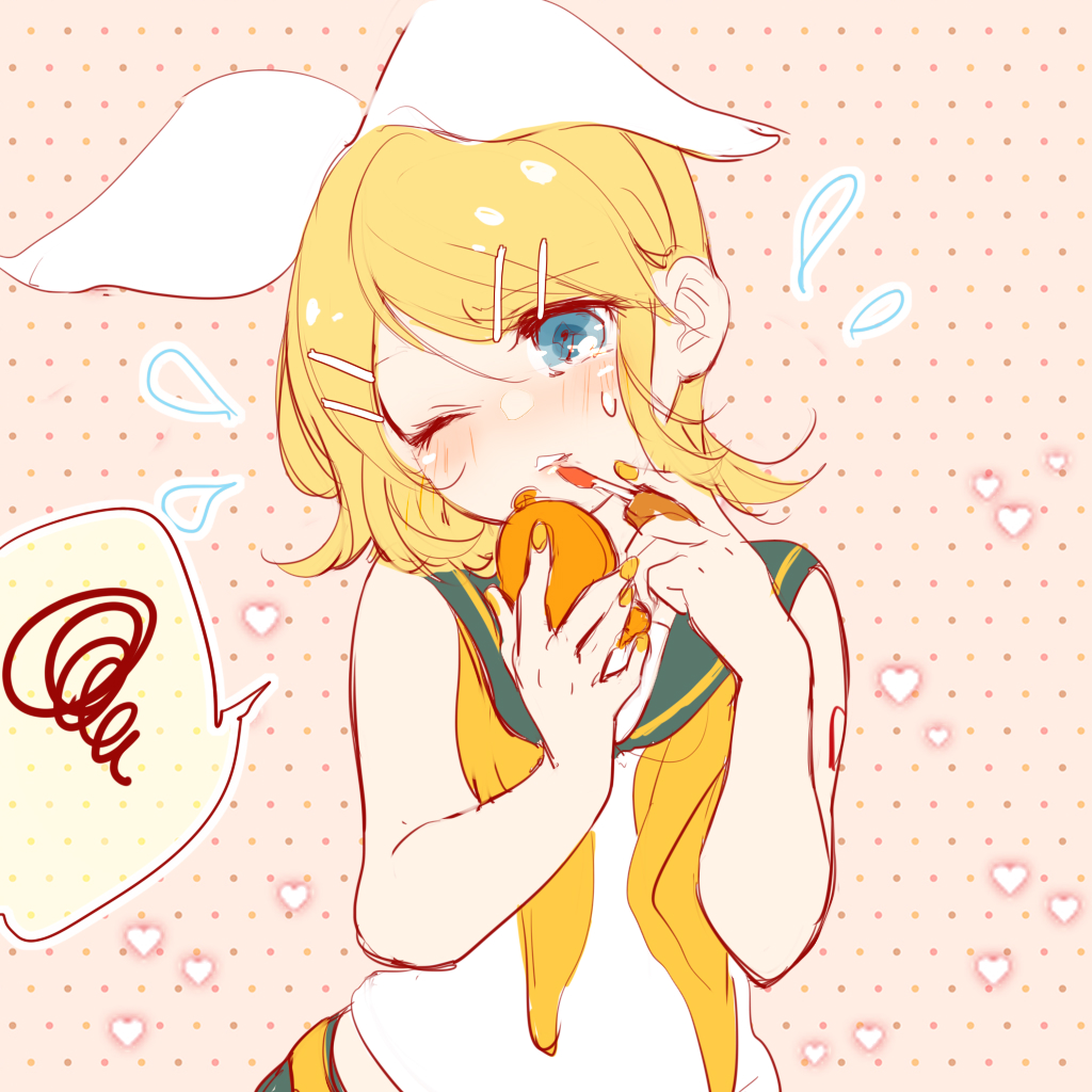 1girl, applying_makeup, bare_shoulders, blonde_hair, blue_eyes, blush, bow, flying_sweatdrops