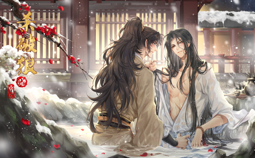 2boys, architecture, bangs, bead_bracelet, beads, black_hair, blush, bracelet, branch, brown_eyes, brown_robe, chang_geng, chinese_clothes, choko_(cup), collarbone, commentary_request, cup, earrings, east_asian_architecture, flower, grey_eyes, gu_yun, hair_ornament, high_ponytail, highres, in_water, jewelry, kingchenxi, long_hair, long_sleeves, looking_at_another, male_focus, mixed-language_commentary, mole, mole_under_eye, multiple_boys, multiple_scars, onsen, open_clothes, open_robe, outdoors, parted_bangs, parted_lips, petals, plum_blossoms, ponytail, profile, red_flower, robe, rock, sash, scar, scar_on_arm, scar_on_chest, sha_po_lang, sidelocks, smile, snow, snowing, very_long_hair, water, wet, wet_clothes, white_robe, wide_sleeves, window