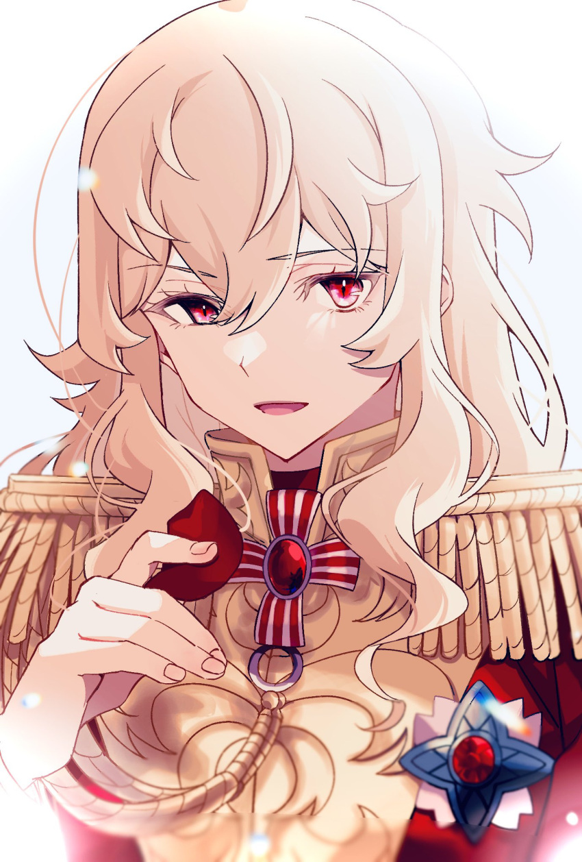 1girl, aiguillette, bangs, blonde_hair, blurry, commentary, cosplay, depth_of_field, epaulettes, fingerless_gloves, fingernails, gloves, gradient, gradient_background, grey_background, hair_between_eyes, hand_up, highres, holding, holding_petal, jacket, light_particles, long_hair, long_sleeves, military, military_uniform, nijiko_(c2cs4q), official_alternate_costume, oscar_francois_de_jarjayes, oscar_francois_de_jarjayes_(cosplay), parted_lips, petals, pink_eyes, red_jacket, rose_petals, saijou_claudine, shoujo_kageki_revue_starlight, shoujo_kageki_revue_starlight_-re_live-, sidelocks, smile, solo, symbol-only_commentary, uniform, upper_body, versailles_no_bara, wavy_hair, white_background