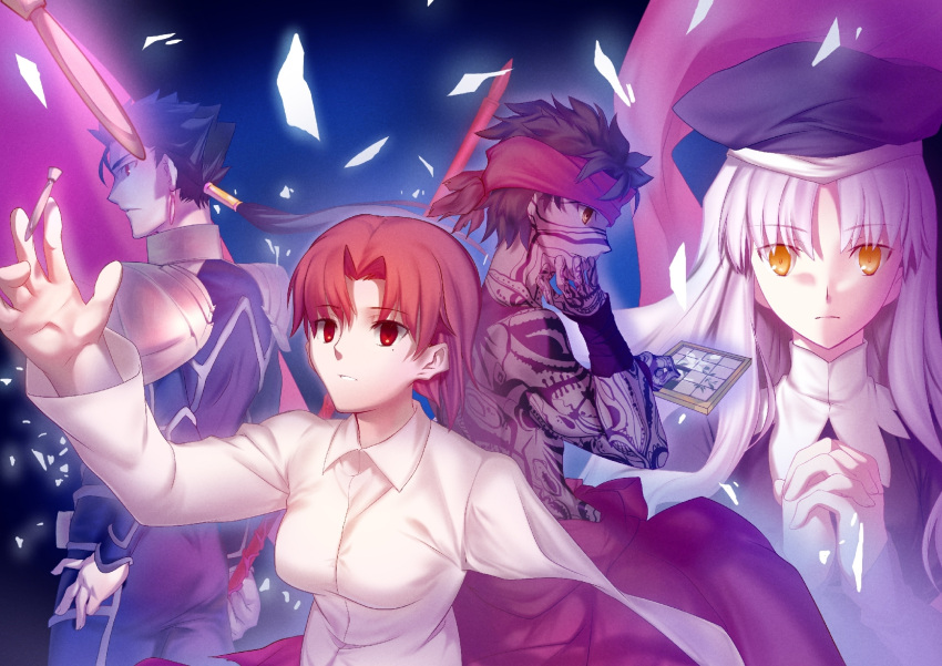 2boys, 2girls, angra_mainyu_(fate), armor, baaji, bandana, bangs, bazett_fraga_mcremitz, beret, black_hair, blue_hair, breasts, caren_hortensia, cu_chulainn_(fate), cu_chulainn_(fate/stay_night), dark-skinned_male, dark_skin, earrings, fate/hollow_ataraxia, fate_(series), full-body_tattoo, gae_bolg_(fate), hat, headband, highres, holding, jewelry, long_hair, long_sleeves, mole, mole_under_eye, multiple_boys, multiple_girls, polearm, ponytail, purple_hair, red_eyes, shirt, short_hair, spear, tattoo, topless_male, wavy_hair, weapon, white_hair, yellow_eyes