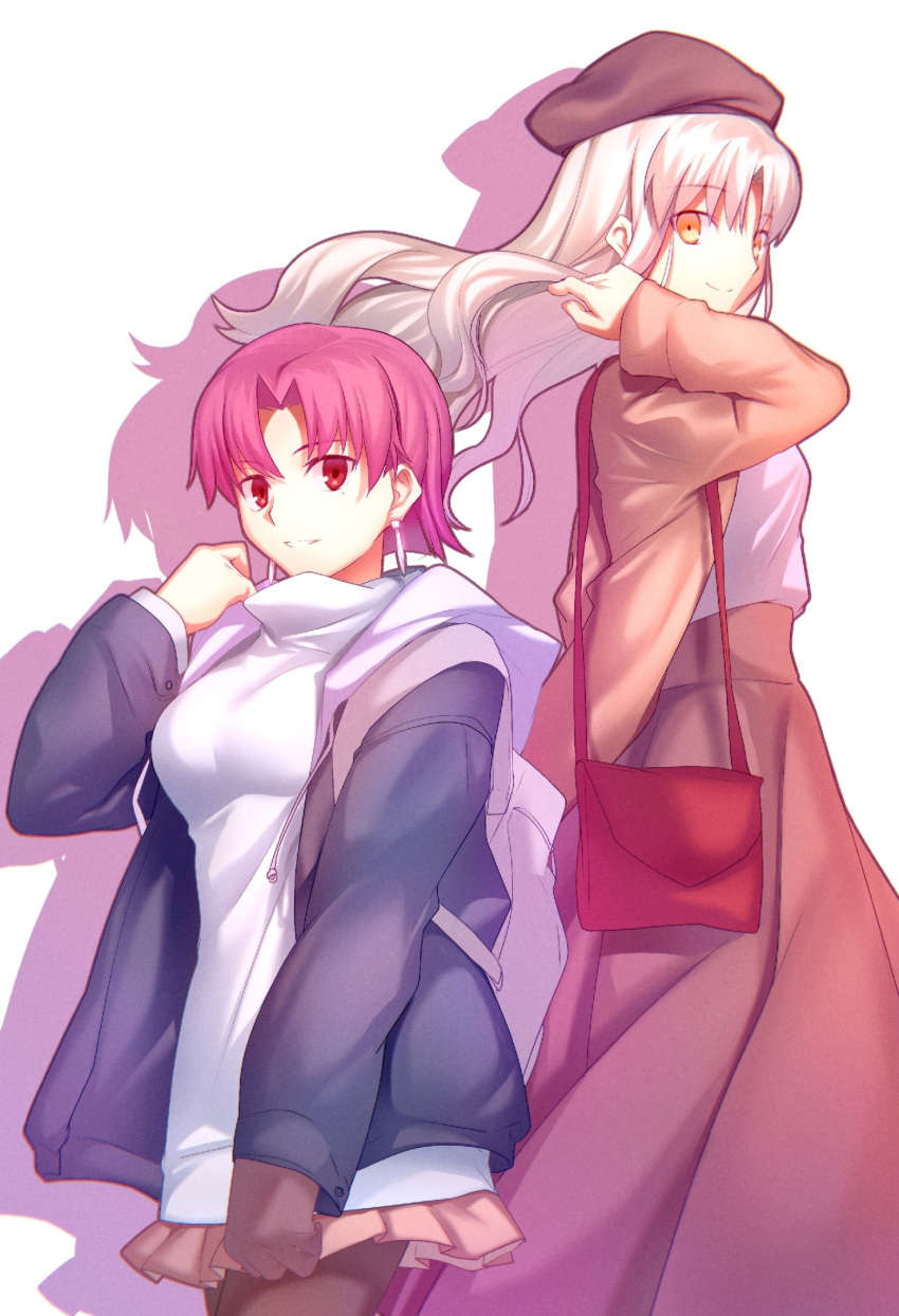 2girls, baaji, bag, bangs, bazett_fraga_mcremitz, beret, breasts, caren_hortensia