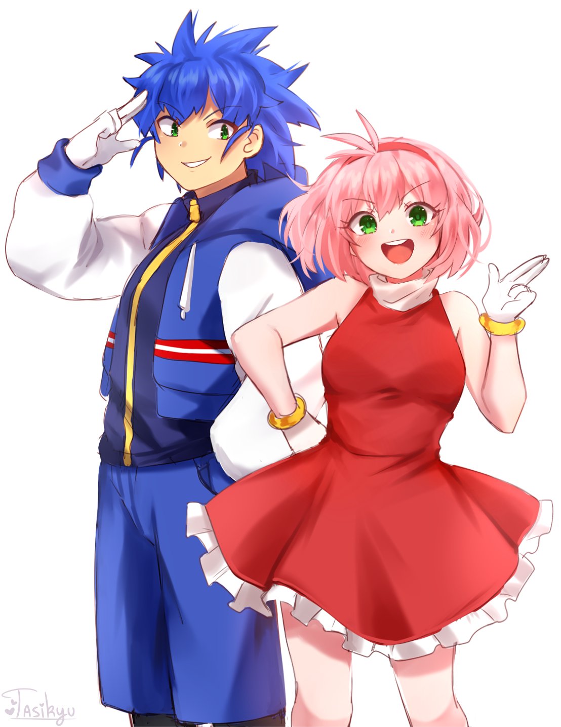 1boy, 1girl, :d, amy_rose, bare_shoulders, blue_hair, blue_shorts, bob_cut, bracelet, breasts, dress, gloves, green_eyes, grin, hairband, highres, humanization, jacket, jewelry, long_sleeves, looking_at_viewer, open_mouth, pink_hair, red_dress, red_hairband, salute, short_hair, shorts, smile, sonic_(series), sonic_the_hedgehog, spiky_hair, standing, tasikyu, two-finger_salute, white_gloves
