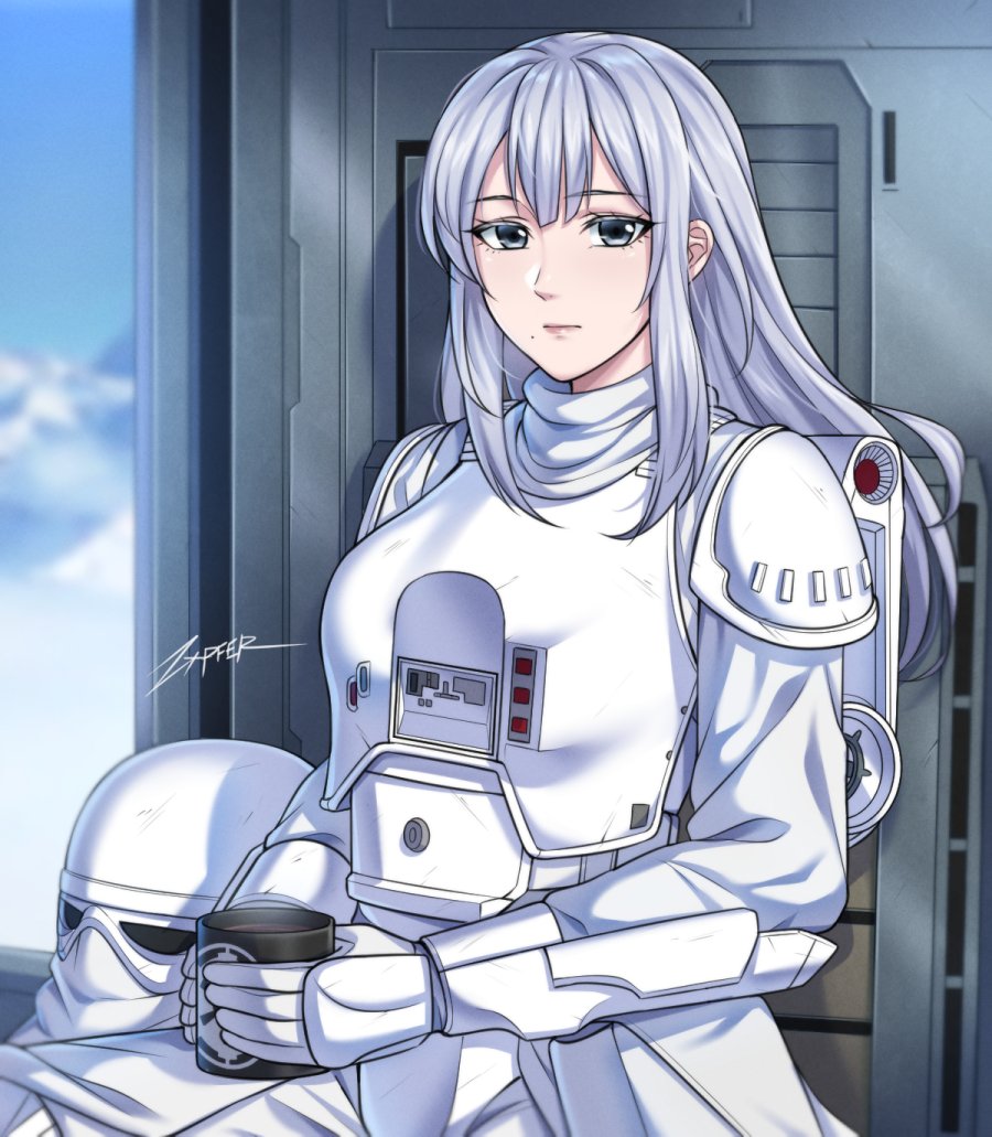 1girl, animification, armor, artist_name, backpack, bag, bangs, black_eyes, bodysuit, breastplate, breasts, coffee, cup, english_commentary, galactic_empire, gloves, hair_behind_ear, headwear_removed, helmet, helmet_removed, holding, holding_cup, long_hair, looking_at_viewer, medium_breasts, mole, mole_under_eye, mug, sitting, snow, snowtrooper, solo, star_wars, star_wars:_the_empire_strikes_back, white_background, white_bodysuit, white_gloves, zxpfer