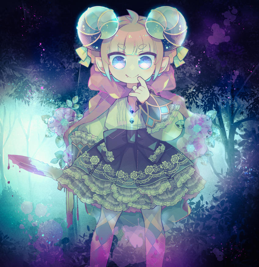 1girl, absurdres, antenna_hair, argyle, argyle_legwear, bangs, binzoko_paroma, black_bow, black_skirt, blood, blood_on_knife, blue_eyes, blunt_bangs, bow, closed_mouth, commentary, curled_horns, dripping, english_commentary, fang, fang_out, feet_out_of_frame, finger_to_mouth, flower, frilled_skirt, frilled_sleeves, frills, hair_bow, highres, hikimayu, holding, holding_knife, hood, hood_down, horns, knife, leaf, long_sleeves, original, outdoors, pink_flower, pink_hair, pointy_ears, red_hood, shirt, short_hair, skirt, smile, solo, tree, white_bow, white_shirt