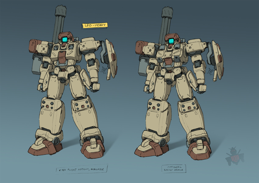 blue_background, chain_gun, clenched_hands, english_commentary, english_text, full_body, gundam, gundam_wing