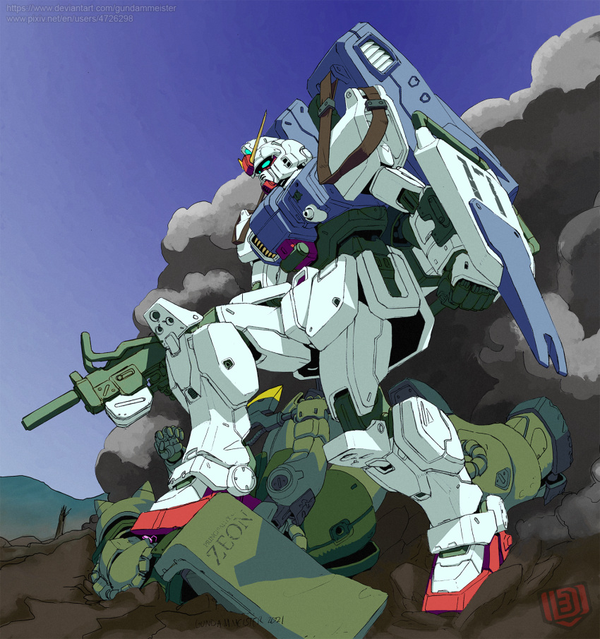 clenched_hand, english_commentary, full_body, green_eyes, ground_gundam, gun, gundam, gundam_08th_ms_team, gundammeister, highres, holding, holding_gun, holding_weapon, mecha, mobile_suit, no_humans, one-eyed, robot, science_fiction, shield, sky, smoke, solo_focus, stepped_on, v-fin, violet_eyes, weapon, web_address, zaku_ii