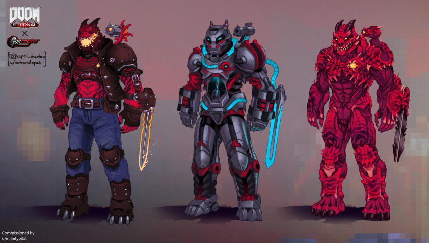 absurdres, alien, alternate_costume, arm_blade, armor, blade, copyright_name, crossover, demon, demon_horns, doom_(series), doom_eternal, doomguy, dragon, dragon_horns, energy_blade, energy_sword, fantasy, gun, helmet, highres, horns, jacket, knife, leather, leather_jacket, male_focus, marton_kapoli, notramilopak, power_armor, power_suit, science_fiction, sinister, sword, weapon