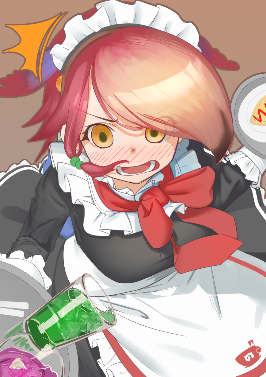 1girl, alternate_costume, apron, bird_girl, bird_wings, black_dress, blush, bow
