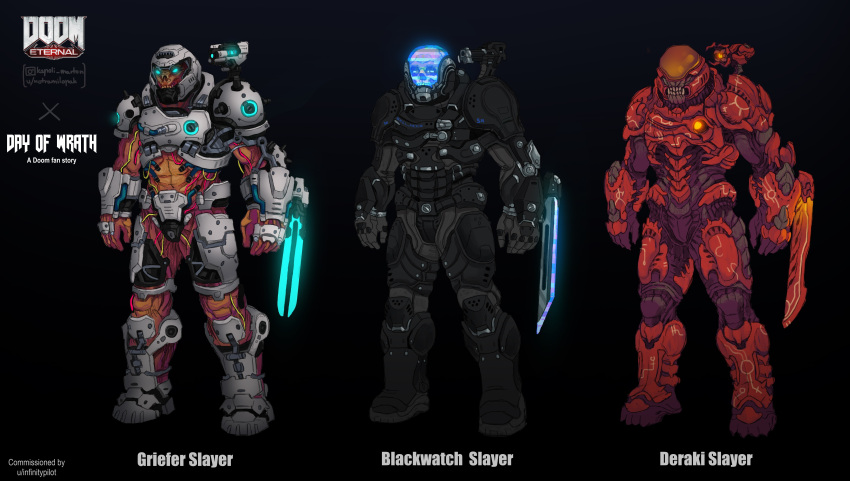 absurdres, alternate_costume, arm_blade, armor, black_armor, blade, commission, copyright_name, crossover, cyborg, day_of_wrath_(infinitypilot), demon, doom_(series), doom_eternal, doomguy, energy_blade, energy_sword, fantasy, glowing, glowing_eyes, glowing_sword, glowing_weapon, gun, helmet, highres, knife, male_focus, marton_kapoli, notramilopak, power_suit, science_fiction, second-party_source, sinister, skullhacker_(day_of_wrath), soldier, sword, warrior, weapon