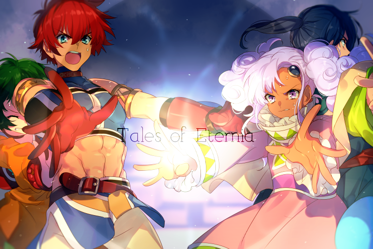 2boys, 2girls, blue_hair, choker, closed_mouth, dark-skinned_female, dark_skin, dress